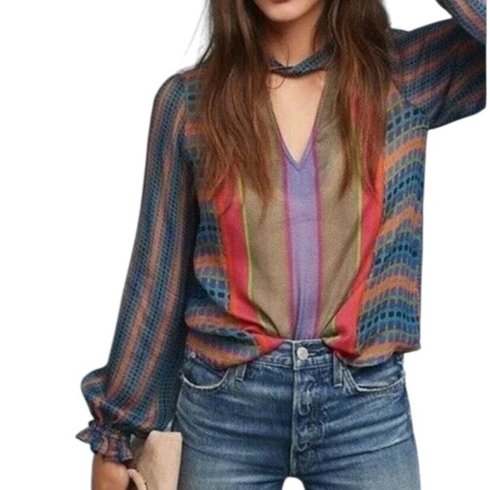 LN Anthropologie Conditions Apply Retro Striped Check Print Peasant Blouse - XS